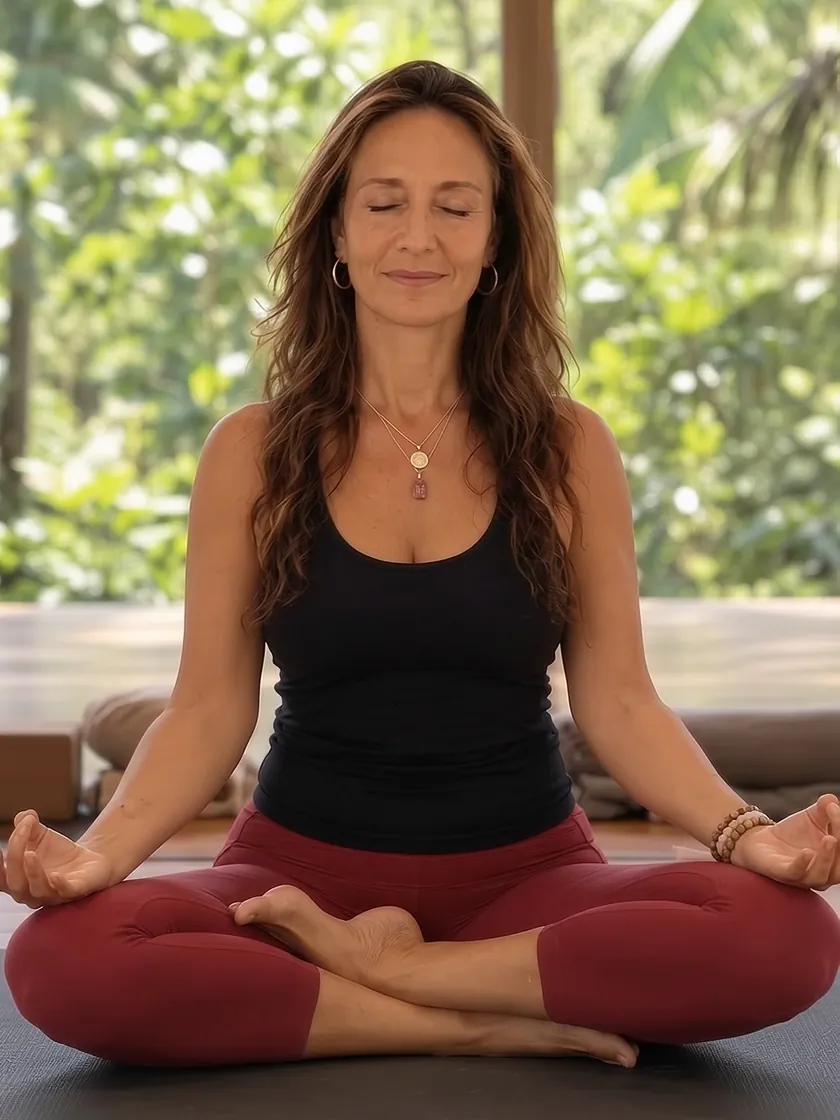 Andrea sitting cross-legged with her eyes closed, breathing.